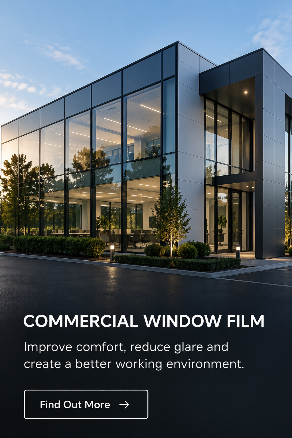 Commercial Window Film — glass-fronted office building; explore commercial window film.